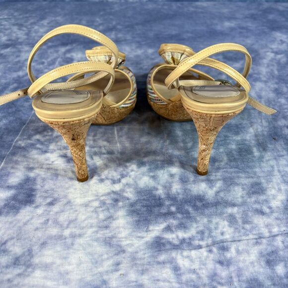 Kenneth Cole Beige Leather Woven Striped Cork Strappy Platform Heels sz 6 1/2 - Picture 2 of 8